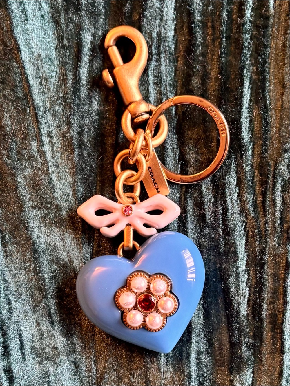 Coach Blue Heart Pearl Flower Key Chain Bag Charm with Bow